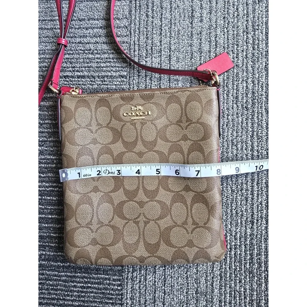 Coach North South Crossbody Bag Signature Canvas Khaki Bright Pink F58309 NEW